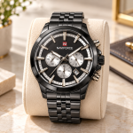 Blue Signature Men's Black-Tone Chronograph Watch with Black Dial, Silver Subdials & Rose Gold Accents