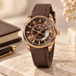 Blue Signature Men's Rose Gold-Tone Quartz Watch with Brown Dial, Brown Silicone Strap & Date Display