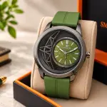 Blue Signature Men's Olive Green Silicone Strap Analog Watch with Green Dial & Gunmetal-Tone Case