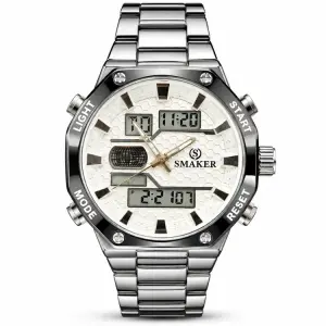 Blue Signature Men's Silver-Tone Analog-Digital Multifunction Watch with White Dial & Black Bezel