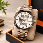 Blue Signature Men's Silver-Tone Analog-Digital Multifunction Watch with White Dial & Black Bezel