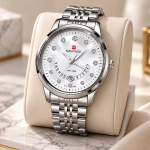 Blue Signature Men's Silver-Tone White Dial Analog Watch with Stone Markers and Date Display