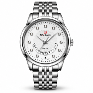 Blue Signature Men's Silver-Tone White Dial Analog Watch with Stone Markers and Date Display