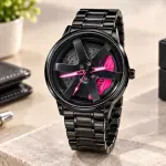 Blue Signature Men's Black-Tone Alloy Wheel Design Analog Watch with Hot Pink Accents