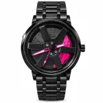 Blue Signature Men's Black-Tone Alloy Wheel Design Analog Watch with Hot Pink Accents