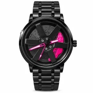 Blue Signature Men's Black-Tone Alloy Wheel Design Analog Watch with Hot Pink Accents