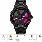 Blue Signature Men's Black-Tone Alloy Wheel Design Analog Watch with Hot Pink Accents