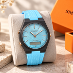 Blue Signature Men's Sky Blue Silicone Strap Analog-Digital Watch with Textured Blue Dial & Black Case