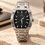 Blue Signature Men's Silver-Tone Tonneau Case Analog Watch with Black Textured Dial