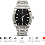 Blue Signature Men's Silver-Tone Tonneau Case Analog Watch with Black Textured Dial