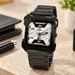 Blue Signature Men's Black-Tone Square Case Quartz Watch with Silver Dial