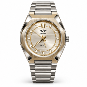 Blue Signature Men's Silver-Tone Quartz Watch with Champagne Dial and Gold Accents