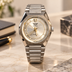 Blue Signature Men's Silver-Tone Quartz Watch with Champagne Dial and Gold Accents