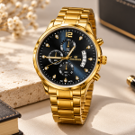 Blue Signature Men's Gold-Tone Chronograph Watch with Navy Blue Dial, Stone Markers & Date Display