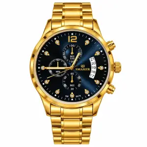 Blue Signature Men's Gold-Tone Chronograph Watch with Navy Blue Dial, Stone Markers & Date Display