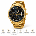 Blue Signature Men's Gold-Tone Chronograph Watch with Navy Blue Dial, Stone Markers & Date Display