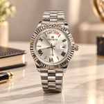 Blue Signature Men's Silver-Tone Quartz Watch with Silver Dial, Fluted Bezel & Day-Date Display
