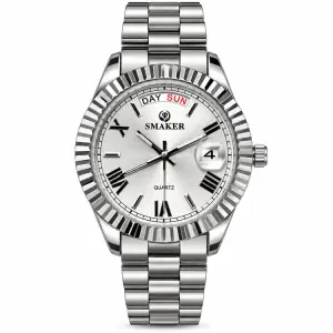 Blue Signature Men's Silver-Tone Quartz Watch with Silver Dial, Fluted Bezel & Day-Date Display