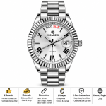 Blue Signature Men's Silver-Tone Quartz Watch with Silver Dial, Fluted Bezel & Day-Date Display