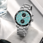 Ferro Men's Stainless Steel Chronograph Analog Watch with Turquoise Blue Dial – Silver Metal Strap MS Department Store Oman