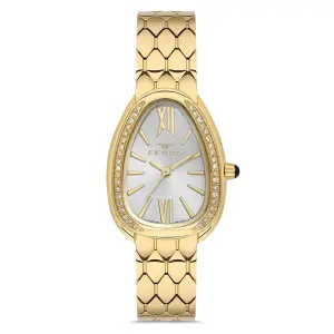 Ferro Women's Gold-Tone Crystal Oval Analog Wrist Watch – White Dial, Stainless Steel Strap MS Department Store Oman