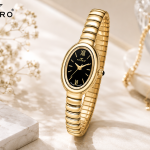 Ferro Women's Elegant Gold-Tone Oval Analog Wrist Watch with Black Dial & Stainless Steel Bracelet MS Department Store Oman