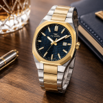 Ferro Men's Two-Tone Stainless Steel Analog Watch with Blue Textured Dial & Date Display MS Department Store Oman