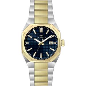 Ferro Men's Two-Tone Stainless Steel Analog Watch with Blue Textured Dial & Date Display MS Department Store Oman