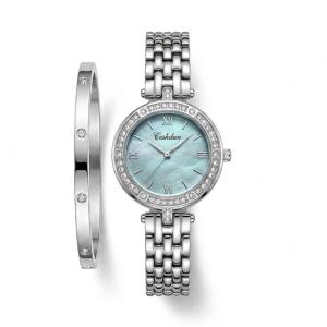 Ceshdun Silver-Tone Women’S Round Wristwatch & Bracelet Set With Blue Dial & Crystal Bezel MS Department Store Oman
