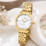 Ferro Women’s Gold Stainless Steel Watch with White Mother of Pearl Dial & Crystal Hour Markers MS Department Store Oman