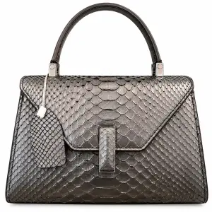 Ms Fashion Ladies Hand Bag Metallic Gray Snakeskin-Pattern Top-Handle Handbag