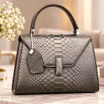 Ms Fashion Ladies Hand Bag Metallic Gray Snakeskin-Pattern Top-Handle Handbag