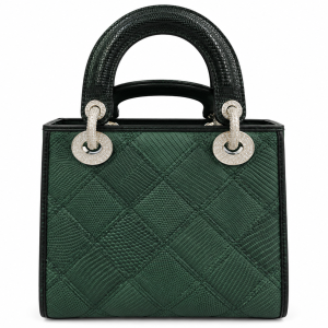Ms Fashion Ladies Hand Bag Emerald Green Reptile-Textured Top-Handle Handbag with Crystal-Style Hardware