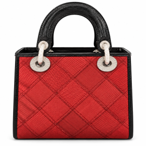 Ms Fashion Ladies Hand Bag Red Reptile-Textured Top-Handle Handbag with Black Trim and Crystal-Style Hardware