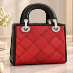Ms Fashion Ladies Hand Bag Red Reptile-Textured Top-Handle Handbag with Black Trim and Crystal-Style Hardware