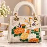 Ms Fashion Cream Floral-Embroidered Top-Handle Handbag with Gold-Tone Hardware
