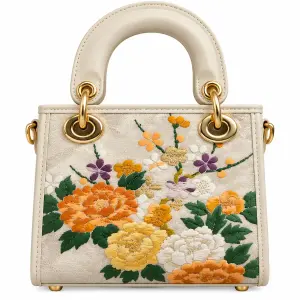 Ms Fashion Cream Floral-Embroidered Top-Handle Handbag with Gold-Tone Hardware
