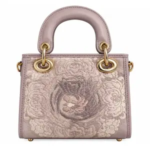 Ms Fashion Dusty Rose Phoenix-Embroidered Top-Handle Handbag with Gold-Tone Hardware