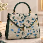 Ms Fashion Leaf-Embroidered Top-Handle Handbag with Green Trim