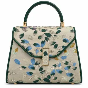 Ms Fashion Leaf-Embroidered Top-Handle Handbag with Green Trim