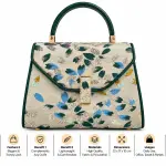Ms Fashion Leaf-Embroidered Top-Handle Handbag with Green Trim