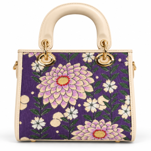 Ms Fashion Purple Floral Brocade Top-Handle Handbag with Cream Trim