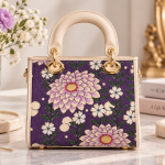 Ms Fashion Purple Floral Brocade Top-Handle Handbag with Cream Trim