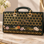 Ms Fashion Dark Green Floral and Gold Geometric Brocade Top-Handle Handbag