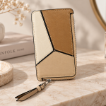 Ms Fashion Beige and Tan Colorblock Leather Zip-Around Wallet