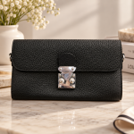Ms Fashion Black Pebbled Leather Clutch with Silver-Tone Clasp