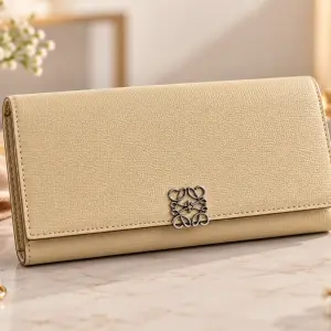 Ms Fashion Loewe Anagram Long Flap Wallet in Beige Leather