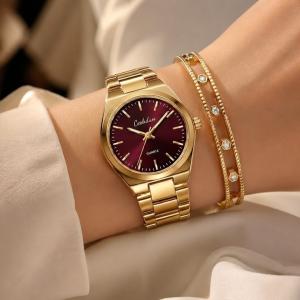 Ceshdun Women’S Gold Quartz Watch Set With Burgundy Dial & Matching Bracelet MS Department Store Oman