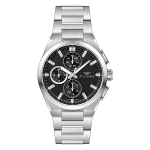 Ferro Men's Stainless Steel Multi-Function Analog Watch – Black Dial, Silver Bracelet MS Department Store Oman