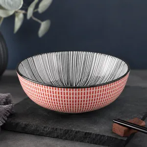 Japanese-Style Ceramic Bowl With Red Grid And Black Striped Pattern MS Department Store Oman